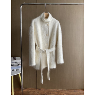 高端拉绒绵羊毛羊绒大衣女中长款2025冬新款系带立领羊绒毛呢大衣