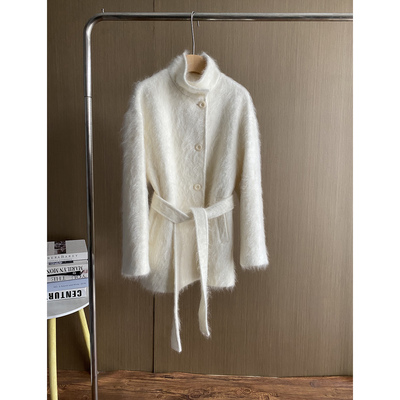 系带立领拉绒绵羊毛羊绒大衣女