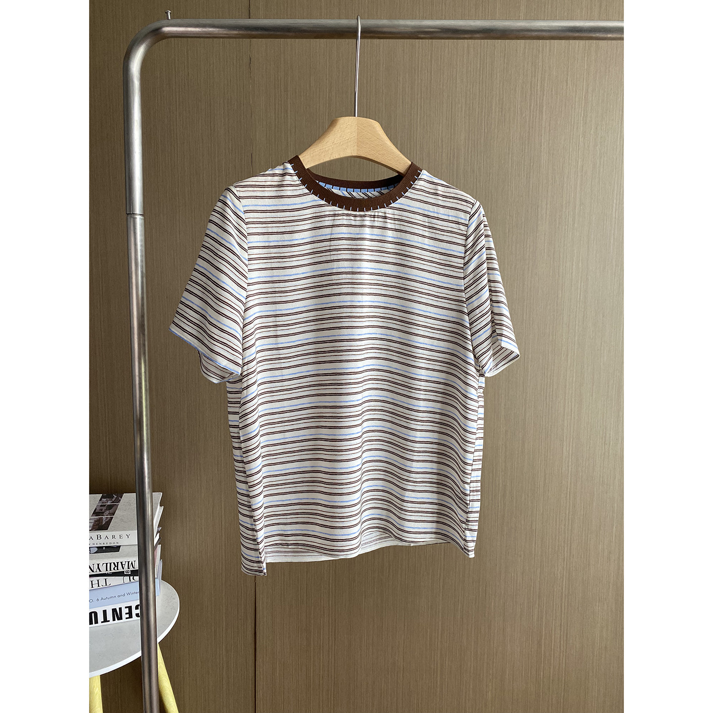 欧洲站复古条纹圆领短袖真丝T恤女2026夏宽松百搭通勤桑蚕丝小衫