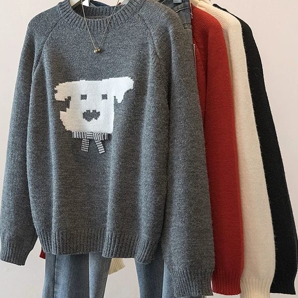 【小四粉丝专享】A184韩式圆领小狗提花毛衣蝴蝶结宽松减龄针织衫