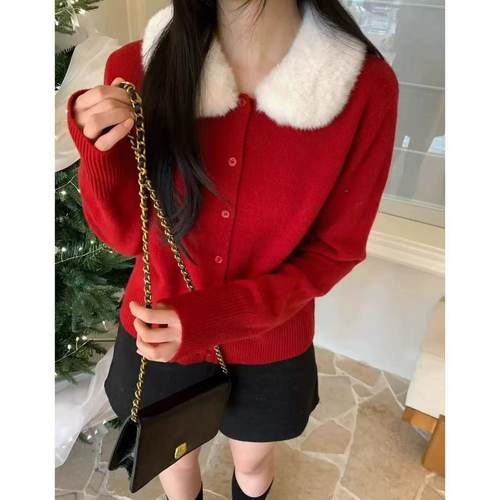 【小四粉丝专享】A233韩式红色毛毛翻领针织开衫女长袖慵懒风毛衣