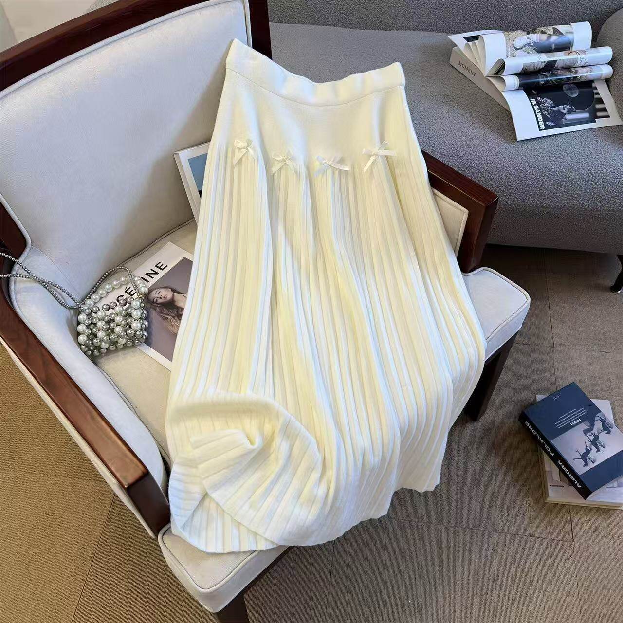 （专柜大清仓)A004蝴蝶结针织百褶半身裙女秋冬高腰显瘦A字长裙