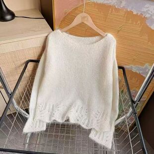 镂空针织衫 A428温柔慵懒风白色长袖 百搭毛衣 小四粉丝专享