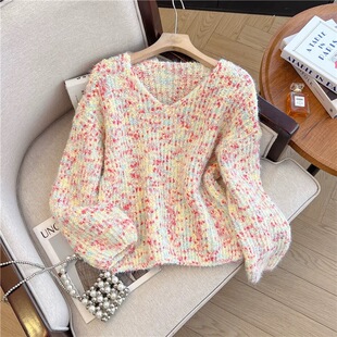 女V领套头宽松毛衣 A323温柔慵懒风糖果色针织衫 小四粉丝专享