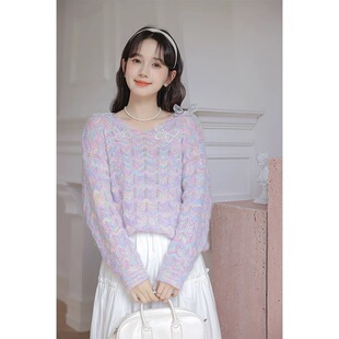 A423温柔慵懒风蝴蝶结渐变圆领镂空针织衫 小四粉丝专享