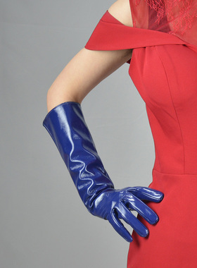 包邮漆皮长手套40cm长款PU仿真皮仿皮保暖亮皮镜面亮宝蓝深蓝色女