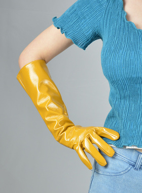 包邮漆皮手套40cm长款保暖PU仿真皮仿皮镜面亮皮亮黄色蛋黄姜黄色