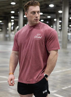 IR美式宽松短袖健美肌肉健身五分袖胖子上衣休闲运动大码男装T恤