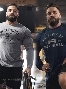 IR新款长袖男力量训练服运动打底宽松吸汗美式肌肉男大码健身T恤