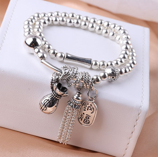 银珠流苏两圈手链女复古藏银好运猫吊坠手串网红爆款手环饰品礼物