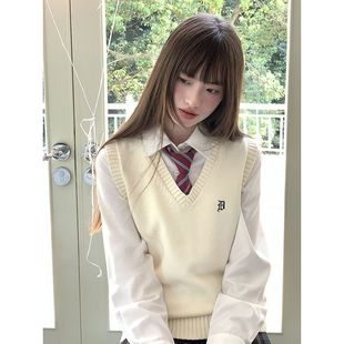 毛衣背心女日系學院V領馬甲刺繡套頭上衣 萌醬派春秋JK制服針織衫