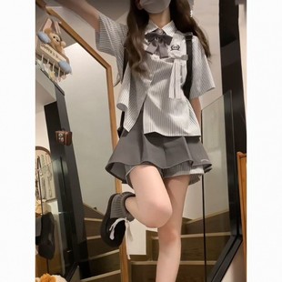 裙子两件 日系学院风jk制服短裙套装 女夏季 小个子条纹短袖 衬衫