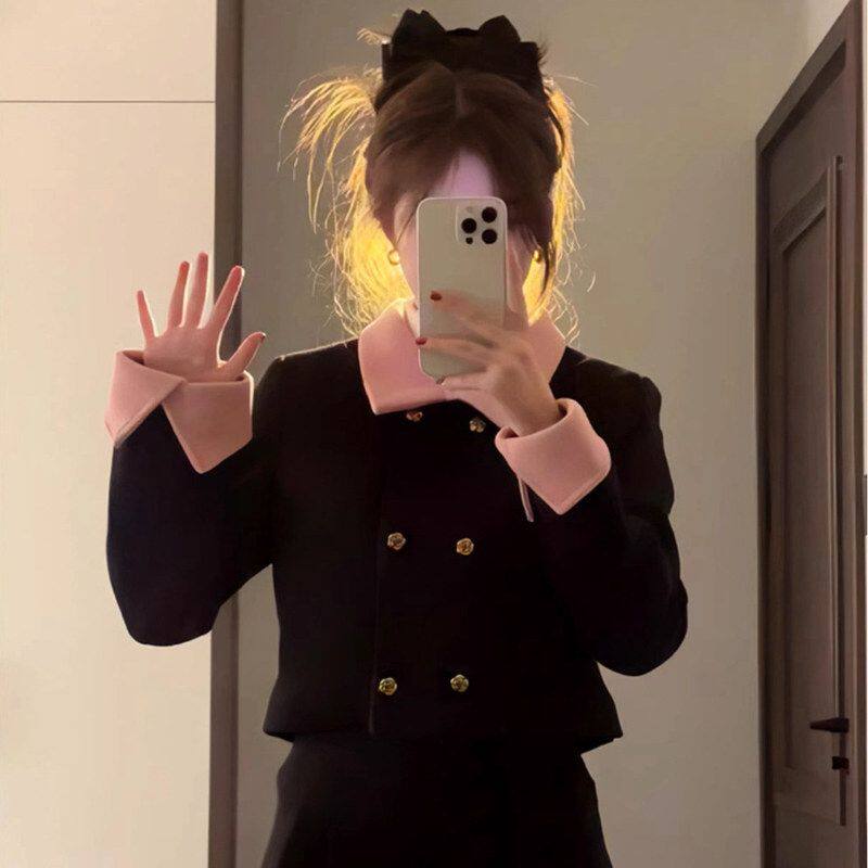 毛呢秋冬新款翻领短款小香风长袖外套女中长款显瘦半身裙两件套装