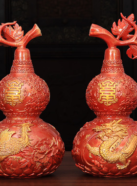 招财镇宅铜葫芦摆件大号开口龙凤葫芦纯黄铜玄关卧室装饰品工艺品