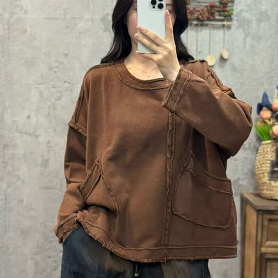 秋冬加厚毛圈棉卫衣文艺复古个性潮大码宽松休闲毛边拼接上衣百搭