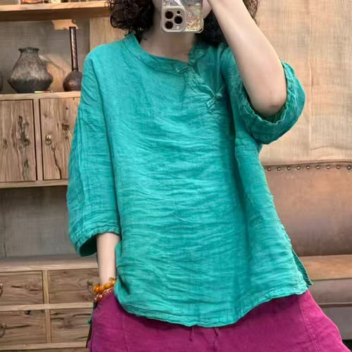 亚麻上衣女高端品牌文艺复古民族风大码宽松休闲2026新款偏开襟薄