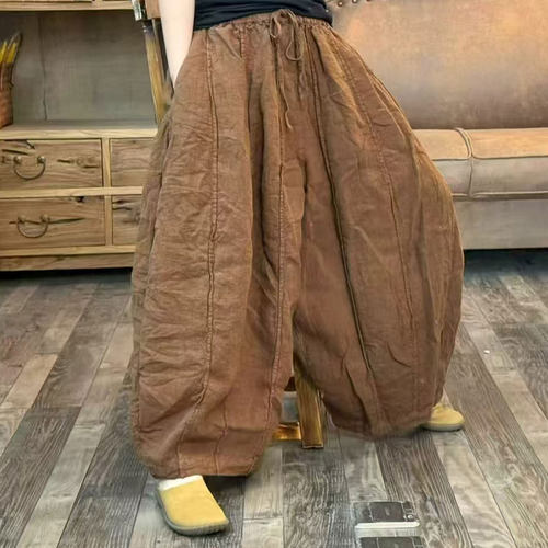 双层亚麻阔腿裤女垂感文艺复古个性大码宽松休闲秋冬松弛感南瓜裤