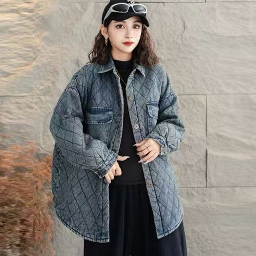 牛仔加厚棉服文艺复古个性潮大码宽松休闲简约减龄百搭冬衬衫外套