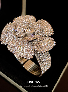 新款欧美夸张镶钻花朵开口手镯轻奢高级感气质手环小众个性手饰女