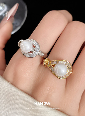 新款锆石珍珠开口戒指个性设计感简约时尚食指戒轻奢高级感手饰女