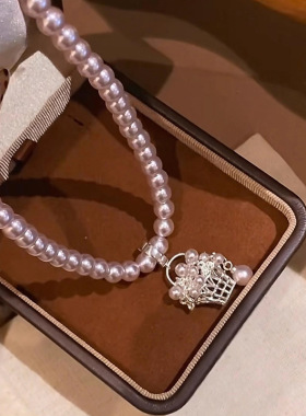 新款珍珠串珠花篮吊坠项链轻奢高级感简约锁骨链小众时尚气质饰品