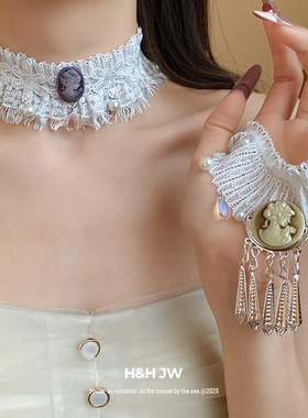 新款花边珍珠人像吊坠项链超仙甜美温柔气质颈链轻奢高级感项饰女