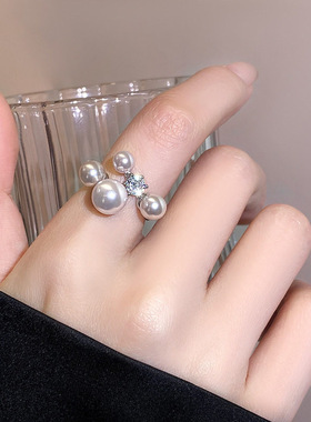 韩国新款锆石珍珠时尚简约开口戒指简约百搭食指戒小众高级感手饰