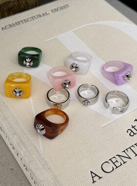 新款镶钻十字架方形戒指小众复古气质食指戒轻奢简约高级感手饰女