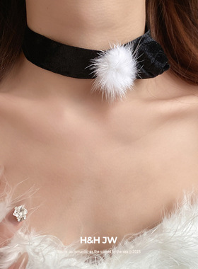 新款金丝绒毛球花朵颈链项链简约时尚气质锁骨链小众高级感项饰女