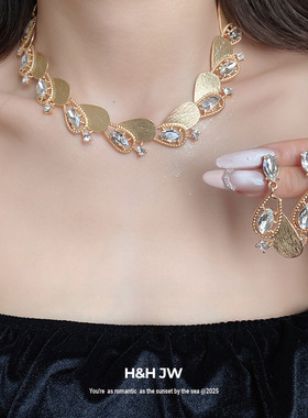 新款镶钻水滴镂空耳环项链套装欧美简约时尚锁骨链轻奢高级感项饰
