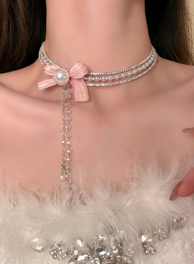 新款珍珠雪纱蝴蝶结流苏项链超仙甜美气质锁骨链轻奢高级感项饰女