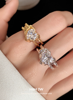 韩国东大门锆石爱心褶皱开口戒指简约时尚食指戒轻奢高级感手饰女