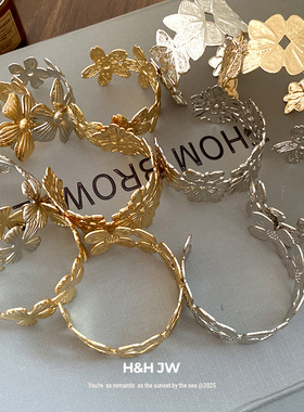 新款花朵纹路开口手镯欧美复古简约时尚气质手环轻奢高级感手饰女