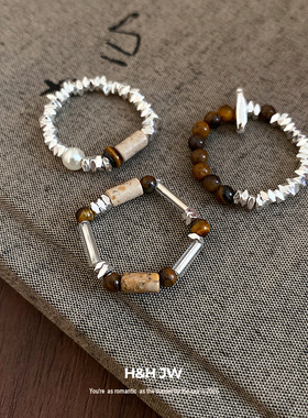 韩国新款碎银石头串珠戒指复古时尚简约气质食指戒轻奢高级感手饰