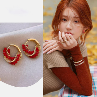 韩国东大门串珠扭曲复古耳扣轻奢小众高级感耳环时尚 气质百搭耳饰