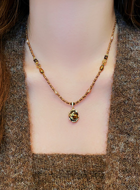 韩国东大门虎眼石吊坠项链美拉德复古气质锁骨链轻奢高级感项饰女