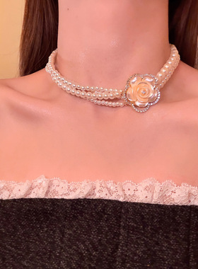 新款多层珍珠串珠镶钻花朵项链法式复古宫廷风颈链轻奢高级感项饰
