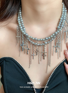 新款双层珍珠串珠十字架流苏项链欧美气质锁骨链轻奢高级感项饰女