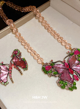 2026新款爆款中古镶钻蝴蝶耳环项链复古气质锁骨链轻奢高级感项饰