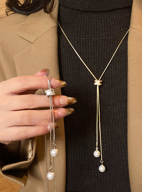 韩国新款锆石圆形珍珠流苏项链简约小众锁骨链时尚高级感个性饰品