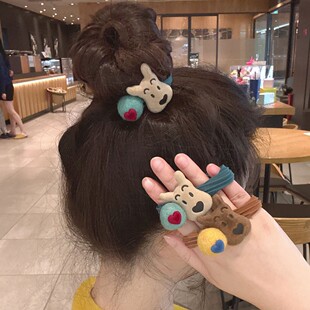 早秋新品发圈可爱哈哈狗头绳毛毡小球毛巾圈高弹不伤发发绳皮筋女