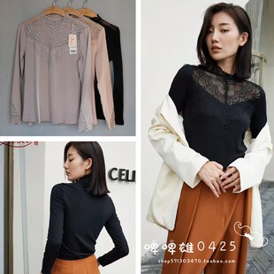 丽维 蕾丝X1195秋冬加厚半高领人棉女长袖 显瘦薄款 磨毛保暖打底衫