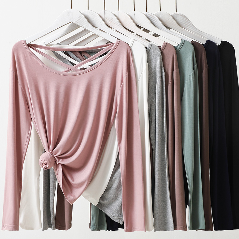 春夏莫代尔长袖t恤交叉露背棉质