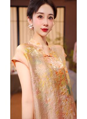 新中式国风立领印花珍珠盘扣衬衫夏季新款F时尚百搭小衫减龄上衣