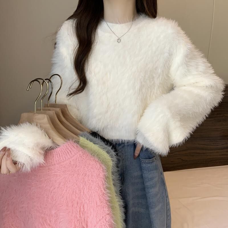短款软糯温柔风纯色仿水貂绒毛衣外套女士秋冬2025气质针织衫