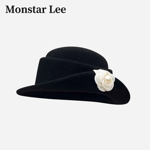 渔夫盆帽 花朵黑色千金礼帽女秋冬季 Monstar Lee日本设计师联名款