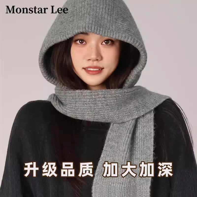 Monstar Lee大头围巴拉克拉法帽子女秋冬保暖护耳针织毛线帽