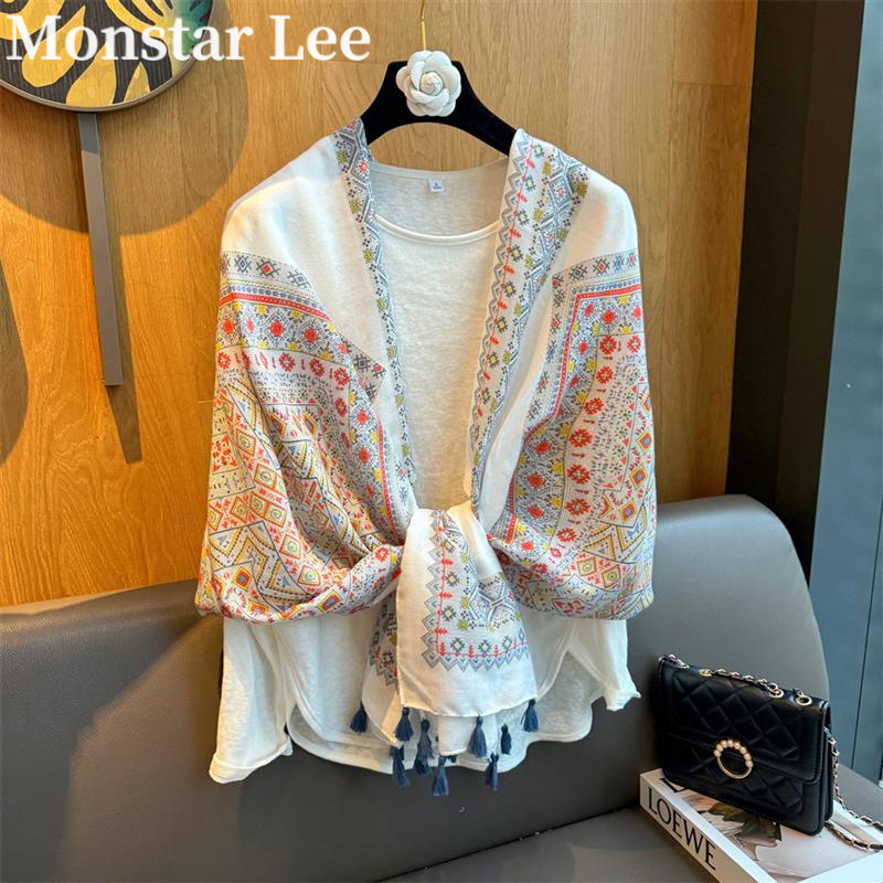 Monstar Lee夏季云南旅游民族风防晒拍照妈妈丝巾女棉麻围巾流苏