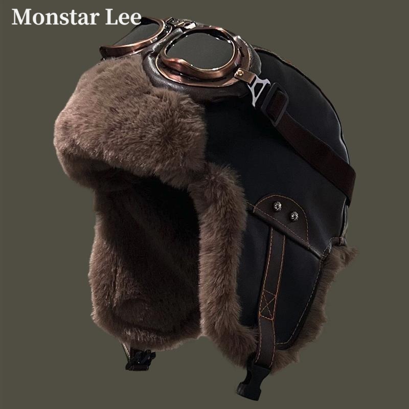 Monstar Lee皮革飞行员帽子2025秋冬款男女保暖雷锋帽加绒骑行帽