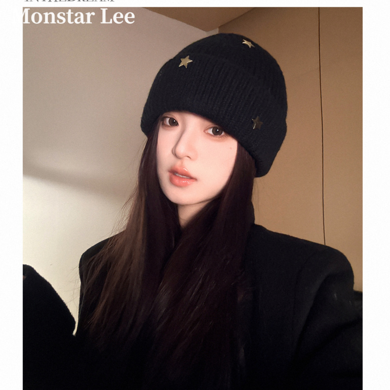 Monstar Lee针织毛线帽女秋冬保暖加厚显脸小包头帽大头围防寒帽